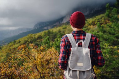 Sırt çantalı mutlu genç bir kadın sisli dağları keşfediyor. Seyahat ve seyahat tutkusu konsepti. İnanılmaz atmosferik an
