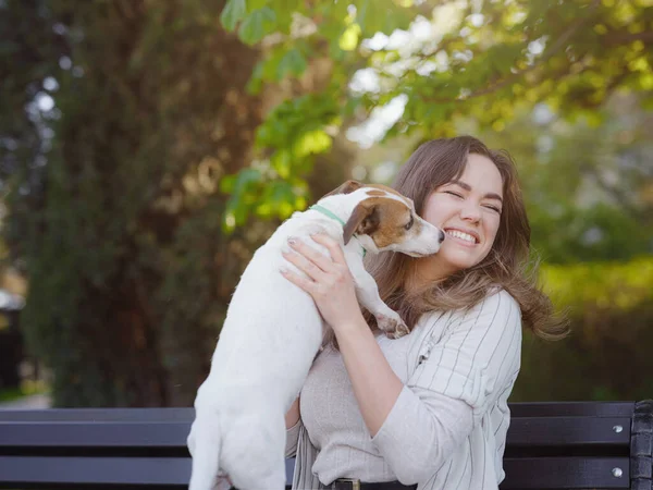 Jovem Com Seu Bonito Jack Russell Terrier Livre Belo Animal — Fotografia de Stock