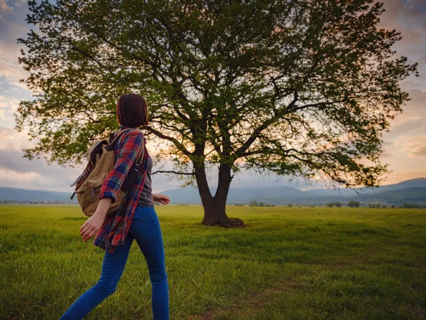 Asian Traveler Woman Walk Dirty Road Sunshine Oak Tree Plaid — Stock Photo, Image