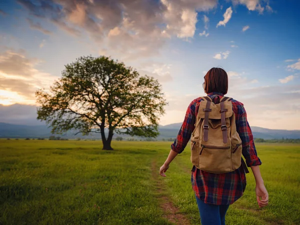 Asian Traveler Woman Walk Dirty Road Sunshine Oak Tree Plaid — Stock Photo, Image