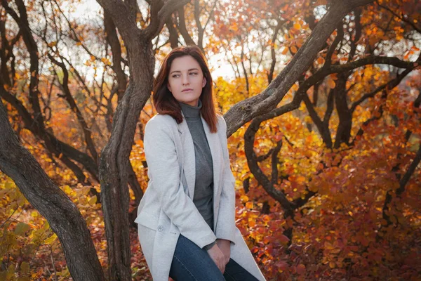 Uma Mulher Ruiva Bonito Bons Espíritos Posa Dia Outono Apreciando — Fotografia de Stock