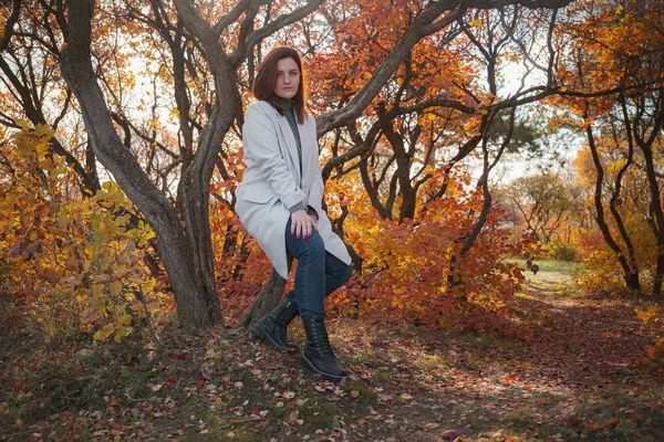 Uma mulher ruiva bonito em bons espíritos posa em um dia de outono — Fotografia de Stock