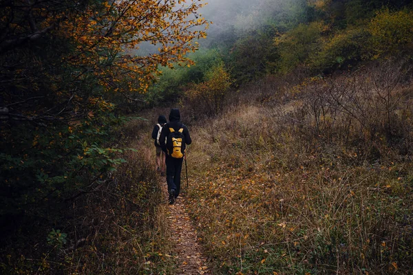 Twee man vrienden met rugzak wandelen samen in de herfst natuur. — Stockfoto