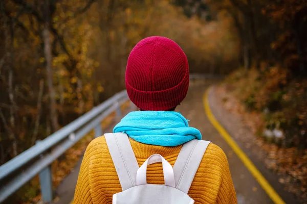 Mujer joven caminando en las montañas de carretera con mochila — Foto de Stock