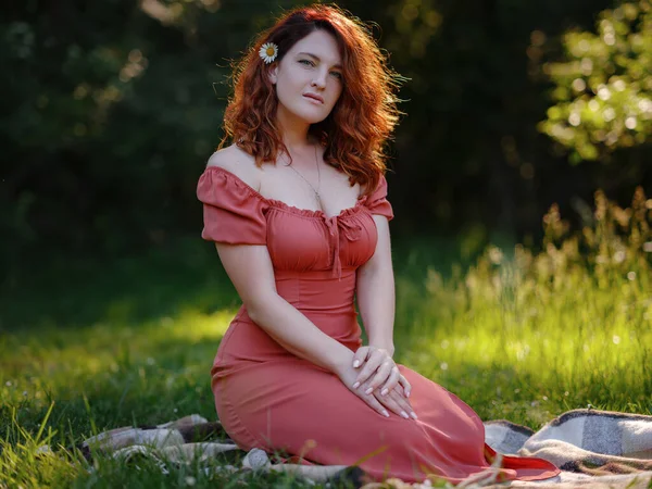 Ginger Woman Wearing Orange Dress Green Forest Enjoys Silence Beauty — Stock Photo, Image