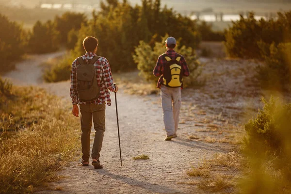 Dos hombres excursionistas disfrutan de un paseo en la naturaleza, la hora del atardecer en verano — Foto de Stock