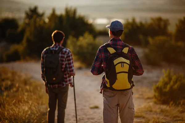 Two men hikers enjoy a walk in nature, sunset time in summer — Stock Photo, Image