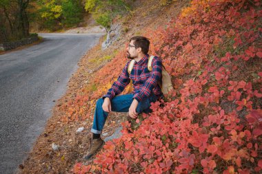 Sırt çantalı gezgin dağlarda yürüyüş yapıyor.