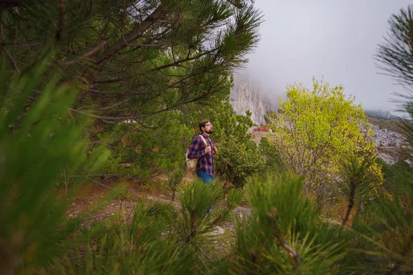 Sırt çantalı gezgin dağlarda yürüyüş yapıyor.