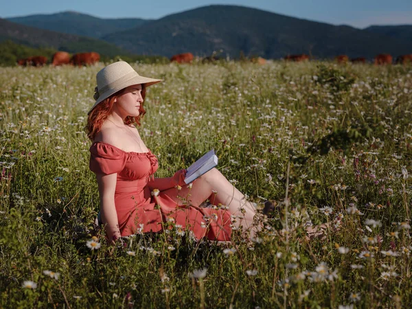 Mulher ruiva no campo noite de verão — Fotografia de Stock