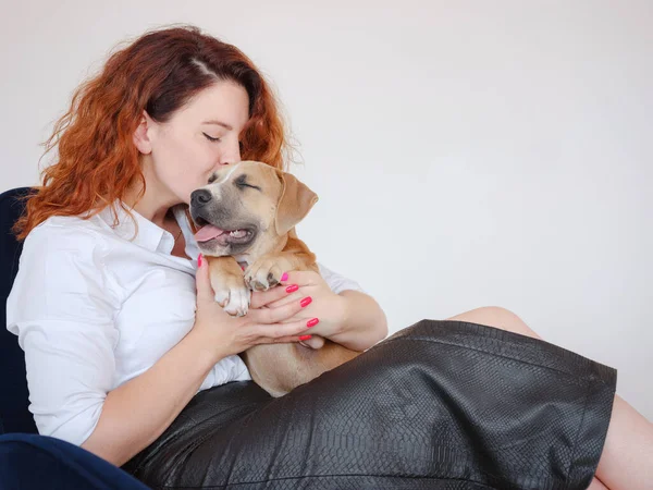 Mulher com filhote de cachorro American Staffordshire Terrier posando em estúdio — Fotografia de Stock