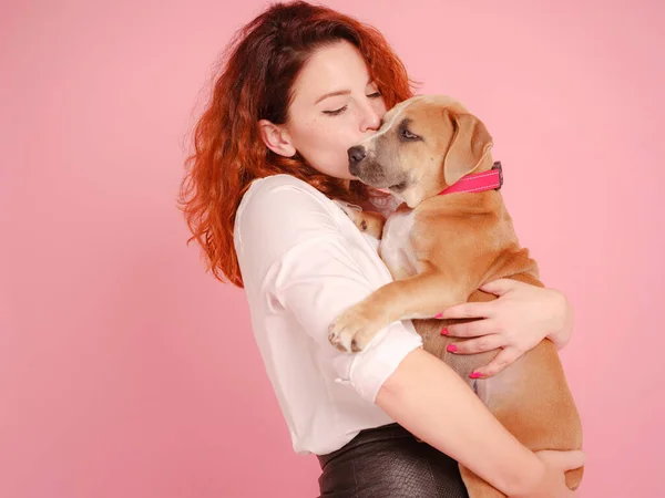 Mulher com filhote de cachorro American Staffordshire Terrier posando em estúdio — Fotografia de Stock