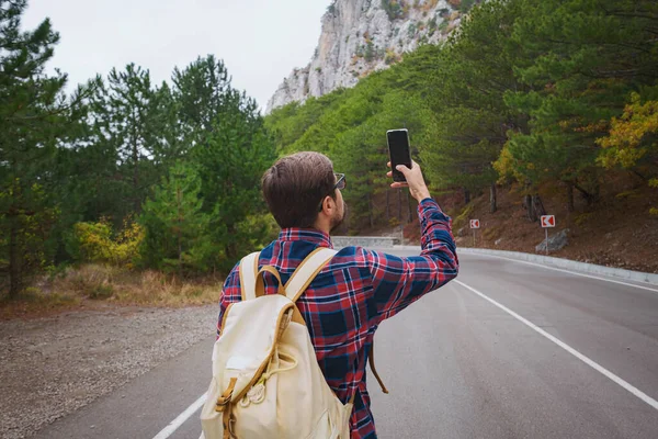 Male Hipster Traveler Backpack Plaid Shirt Jeans Hiking Mountains Travel — Stock Photo, Image