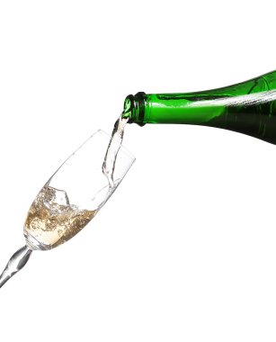 Champagne being poured into glass or flute, isolated on a white 