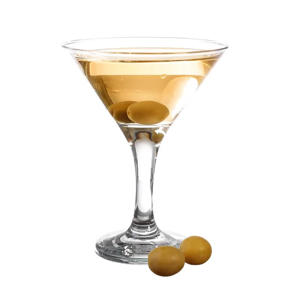 Az olajbogyó-díszes nyárson, elszigetelt fehér Martini. Magában foglalja a — Stock Fotó