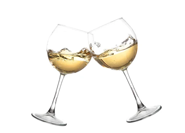 Colección de vino BLANCO - Salud! Toca copas con vino blanco. Aislado sobre fondo blancovino arremolinado en una copa de vino de copa, aislado sobre un fondo blanco — Foto de Stock