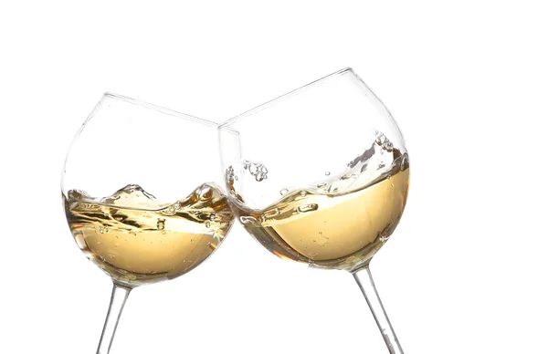 Vitt vin collection - skål! Klirr glas med vitt vin. Isolerad på vita backgroundwine snurra i en bägare vin glas, isolerad på en vit bakgrund — Stockfoto