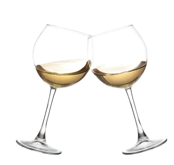 WHITE Wine collection - Cheers! Clink glasses with white wine. Isolated on white backgroundwine swirling in a goblet wine glass, isolated on a white background — Stock Photo, Image