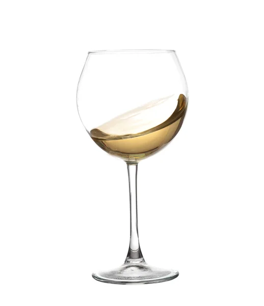 White wine swirling in a goblet wine glass, isolated on a white background — Stock Photo, Image