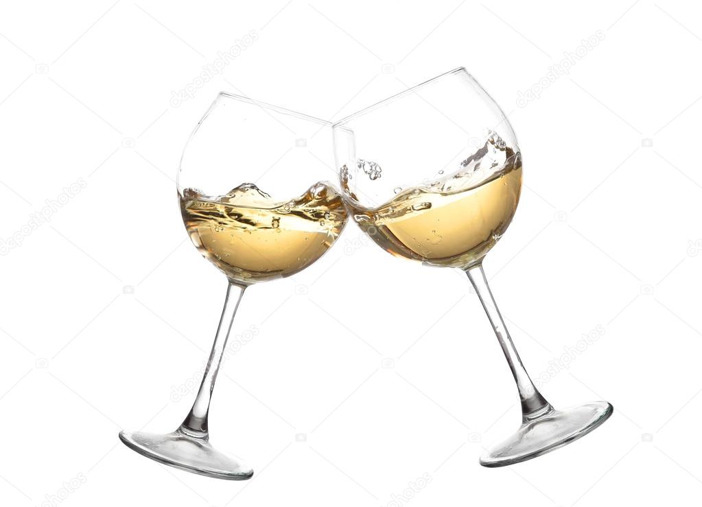 WHITE Wine collection - Cheers! Clink glasses with white wine. Isolated on white backgroundwine swirling in a goblet wine glass, isolated on a white background