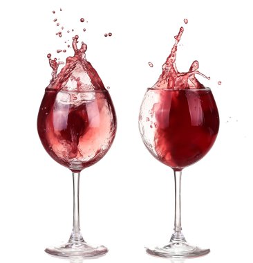 Şarap koleksiyonu - bir bardak şarap kırmızı sıçramasına. WHI üzerinde izole