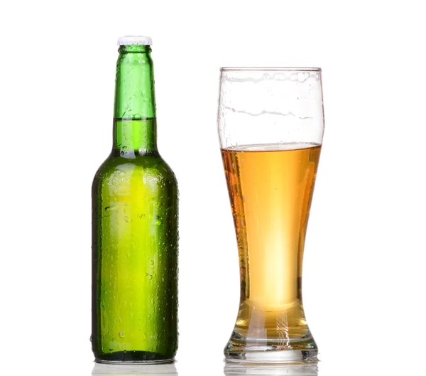 Chilled green bottle with condensate and a glass of beer lager on Isolated white background — Stock Photo, Image