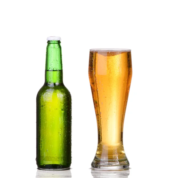 Isolated Glass and Brown bottle of beer on a white background — Stock Photo, Image