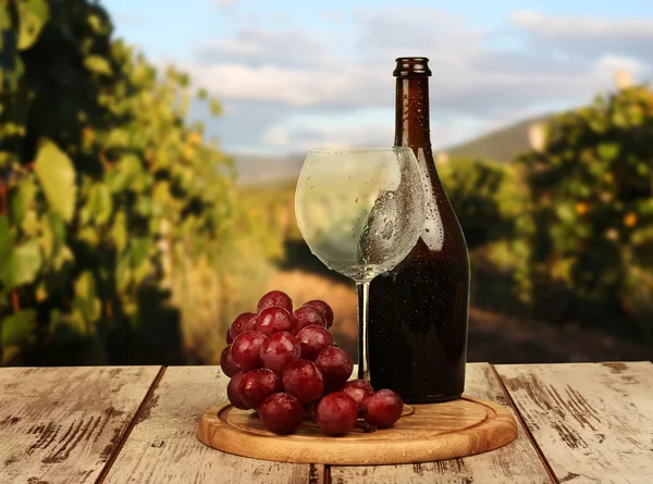 Pohár vörös bor, üveg bor és a szőlő — Stock Fotó