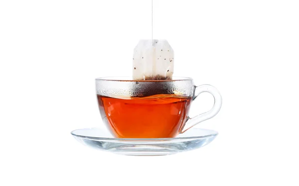 Üveg tea Bag-vége. Elszigetelt fehér background, a Vágógörbe — Stock Fotó