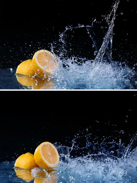 Нарезанный лимон в воде на черном фоне — стоковое фото