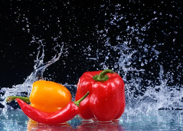 Poivre en spray d'eau. Poivre juteux avec éclaboussure sur fond noir — Photo