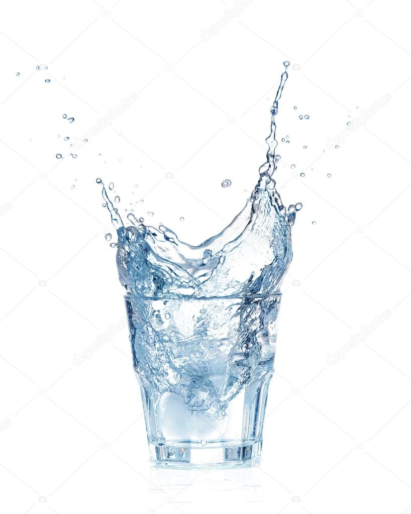 Ice cubes splashing into glass of water, isolated on white