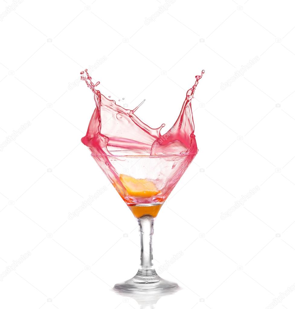 Fresh pink cocktail, lemon isolated on white background splash