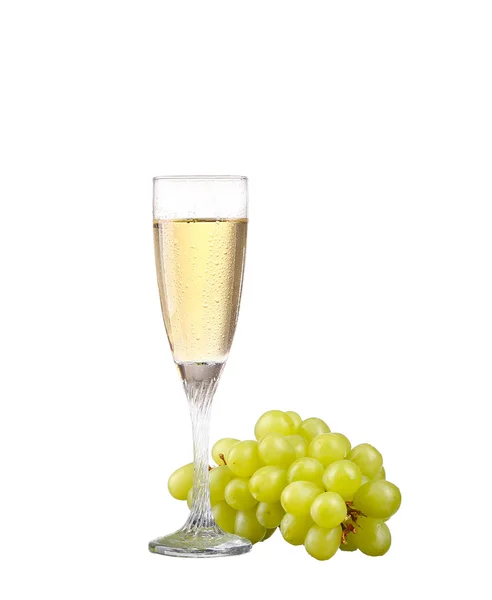 Glass of wine and grape branch isolated on white background — Stock Photo, Image