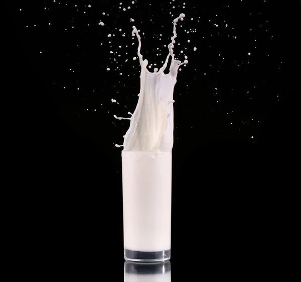 Splash in a glass with milk isolated on black — Stock Photo, Image