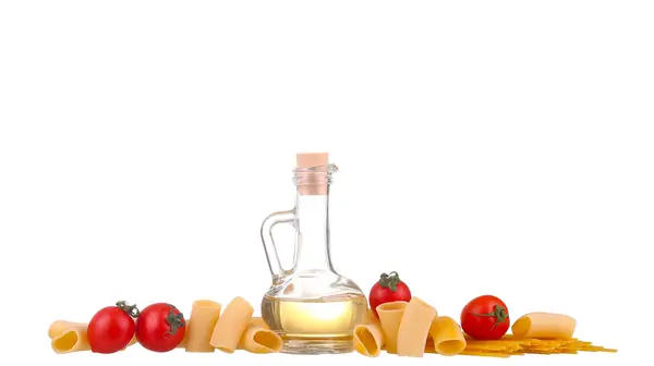 Ingredientes para pasta. Espaguetis, cherie, chile, aceite, ajo aislado en blanco — Foto de Stock