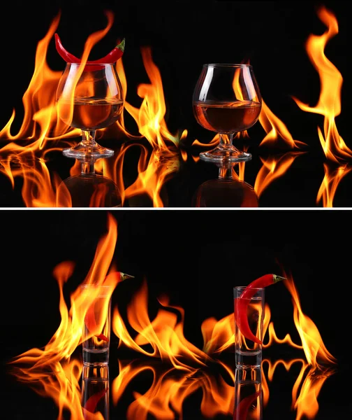 黒の背景に火でブランデー グラスで唐辛子をコラージュします。 — ストック写真