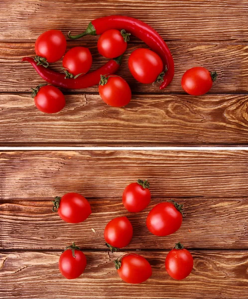 Collage Cerise rouge et piments rouges sur fond de bois blanc — Photo