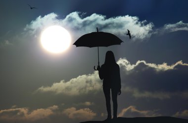 Hareket Bulanıklığı günbatımı siluet atlama şemsiye kızla