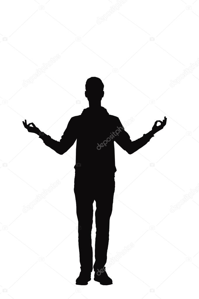 one caucasian business man silhouette standing hands on hips Full length in studio isolated on white background