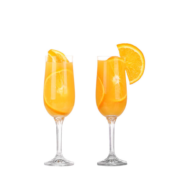 collage,pouring Orange juice and slices of orange isolated on white