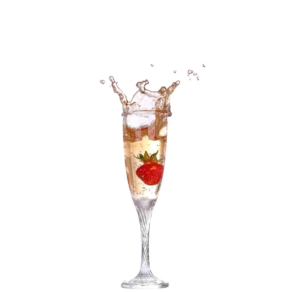 Single Strawberry splashing into a glass of champagne — Stock Photo, Image