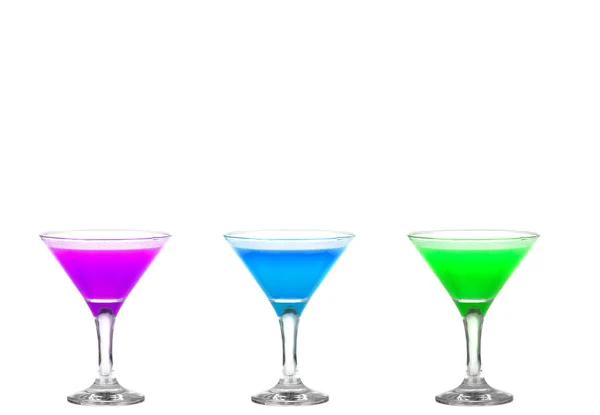 Three martini glasses with multicolor cocktails - cheers!! — Stock Photo, Image