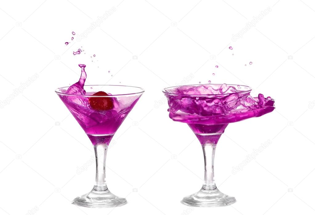 collage Purple liquid splashing in a martini glass isolated on white background