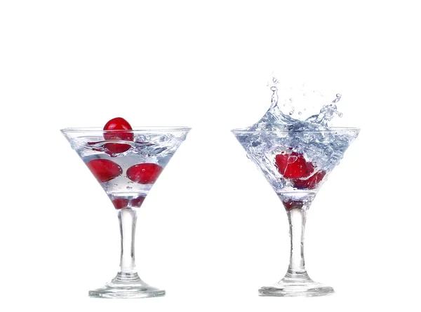 Collage  cherry splash in a cocktail glass on white — Stock Photo, Image