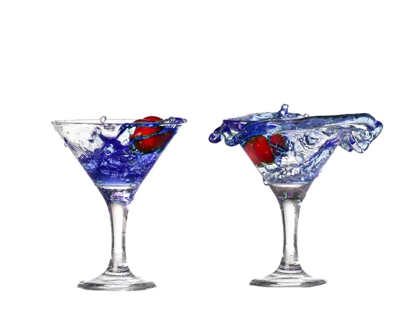 Collage blue cocktail with cherry splash on white — Stock Photo, Image