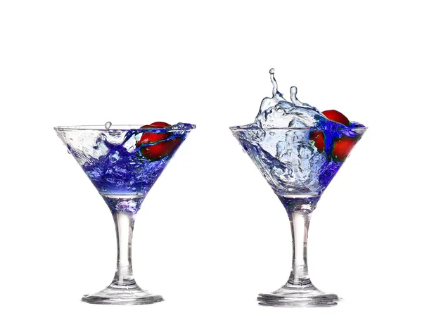 Collage blue cocktail with cherry splash on white — Stock Photo, Image