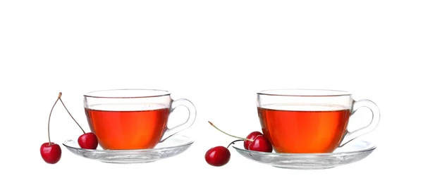 白地に桜とお茶をコラージュします。 — ストック写真