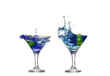 collage blue cocktail with splashes isolated on white background
