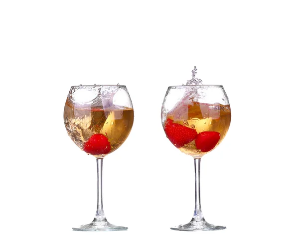 Collage  Single Strawberry splashing into a glass of wine — Stock Photo, Image